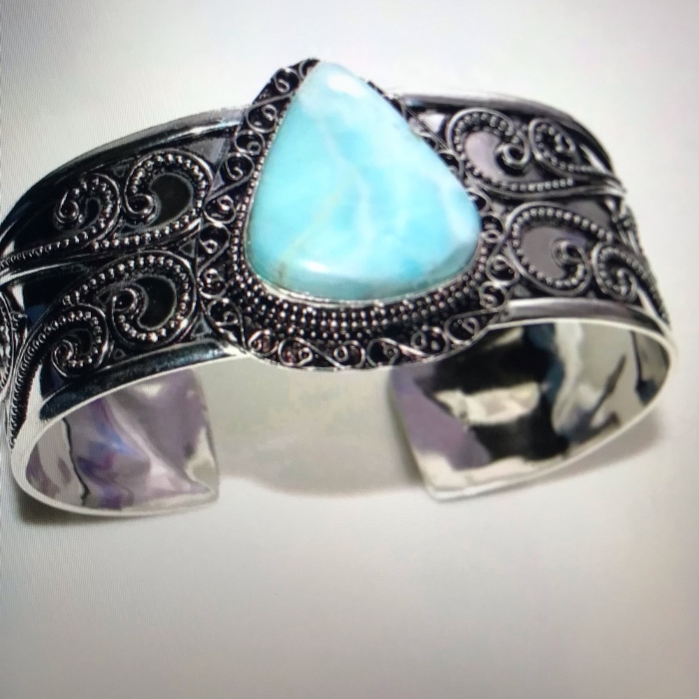 Larimar Stamped Solid 925 Sterling Silver Cuff Bracelet